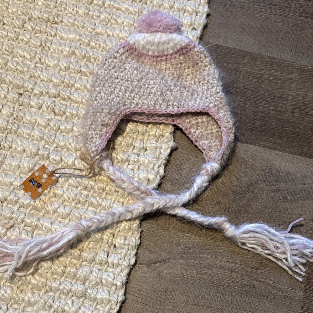Purple & cream handknit Earflap baby Hat